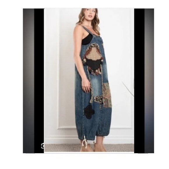 BlueVelvet Denim Capri Overalls with Mixed Patches in Denim XL🆕⌚📦🏃💨🚚 - Picture 5 of 16